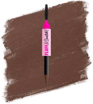NYX Fluff & Snatch pudrowy pisak do brwi Cool Ash Brown, różowy korpus, brązowa końcówka, na brązowej smudze.