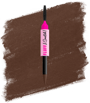 Dwustronny pudrowy pisak do brwi NYX Fluff & Snatch Brunette, kredka i szczoteczka, na tle brązowej smugi.