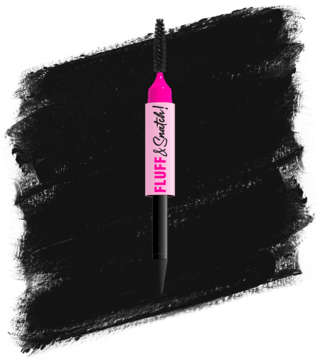 NYX Fluff & Snatch pudrowy pisak do brwi, czarny z różowym napisem, z pędzelkiem spoolie, na czarnym tle.