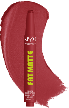 Czerwona matowa pomadka NYX Fat Matte Smooth Color w sztyfcie, z logo i zielonym napisem, na tle swacha.