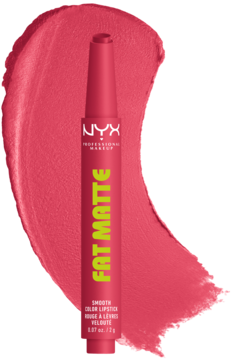 NYX Fat Matte Slick Click pomadka w sztyfcie fuksji z zielonym napisem, na tle matowej smugi koloru.