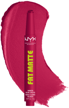 NYX Fat Matte szminka w intensywnej fuksji na dużym, matowym swatchu, ukazującym kremową teksturę.