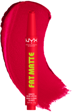 NYX Fat Matte Slick Click, czerwona matowa pomadka w sztyfcie z neonowym napisem, na intensywnej czerwonej smudze.