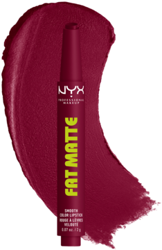 NYX Fat Matte Slick Click lipstick, burgundowy, z napisem FAT MATTE, na gładkim, matowym swatchu.