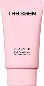 Różowa tubka kremu The Saem Eco Earth Pink Sun Cream SPF 50+ PA++++ z czarnymi napisami, widok z przodu.