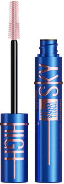 Otwarty tusz Maybelline Sky High Navy Blue w granatowej tubce, różowa szczoteczka na różowym tle.