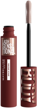 Maybelline Lash Sensational Body mascara Brick Brown, otwarta, z wyciągniętą beżową silikonową szczoteczką.