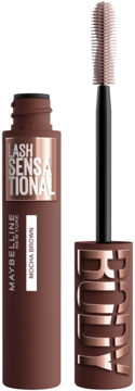 Maybelline Lash Sensational Mocha Brown mascara. Brązowa tubka z miedzianym akcentem, z wyjętą szczoteczką.