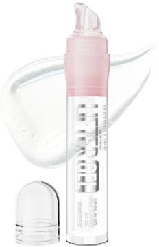 Maybelline Lifter Gel nawilżający błyszczyk w przezroczystej tubce z otwartym aplikatorem i smużką żelu.