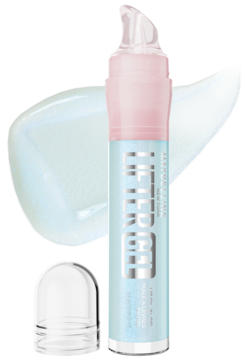 Maybelline Lifter Gel, niebiesko-różowa butelka z pompką do ust, obok błękitny wycisk żelu i odkręcona zakrętka.