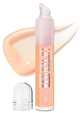 Maybelline Lifter Gel żel do ust z kwasem hialuronowym, brzoskwiniowy, szklisty połysk, widok z boku z próbką.