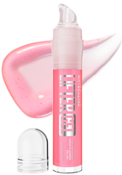 Różowy błyszczyk Maybelline Lifter Gel w tubce, obok lśniąca smuga produktu i zdjęta nakrętka aplikatora.