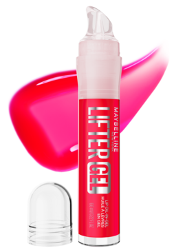 Maybelline Lifter Gel, pionowo ułożony błyszczyk w czerwonej tubce, różowy żel z olejkiem i kwasem.