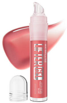 Różowy Maybelline Lifter Gel, olejek w żelu z kwasem hialuronowym, tubka z aplikatorem i odkręconą nakrętką.