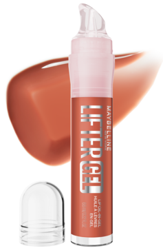 Brązowy błyszczyk Maybelline Lifter Gel z aplikatorem i błyszczącą smugą. Widok z przodu produktu.