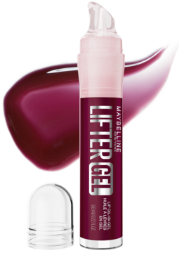 Maybelline Lifter Gel, burgundowy olejek do ust z kwasem hialuronowym. Na zdjęciu tubka i duży, lśniący swatch.