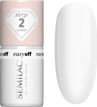 Semilac Easy Off LED Light L01 Coconut Milk, półtransparentny mleczno-biały lakier hybrydowy, butelka i wzornik.