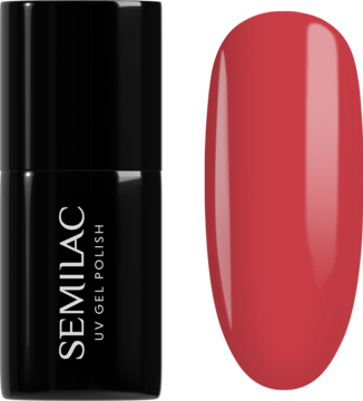 Lakier hybrydowy Semilac Jelly Chili 7 ml. Czarna butelka i swatch. Półkryjąca czerwień o efekcie żelowych paznokci.