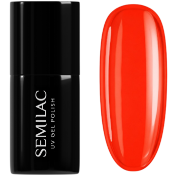 Czarna butelka Semilac i swatch półtransparentnego lakieru hybrydowego Jelly Chili w intensywnym czerwonym odcieniu.