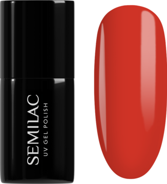 Semilac Lakier Hybrydowy 981 Spicy Neon 7ml: czarna butelka i błyszczący, neonowo-czerwony swatch.