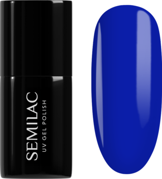Czarna butelka Semilac UV Gel Polish i próbka kobaltowego lakieru hybrydowego Jelly Blueberry z efektem szkła.