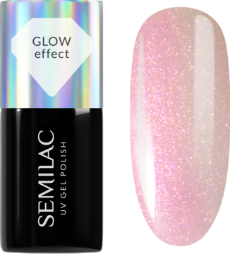 Semilac Lakier Hybrydowy 988 Nude Pink Glow. Holograficzna butelka i swatch subtelnego różu z poświatą.