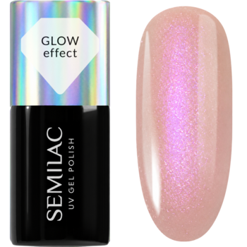 Semilac 988 Nude Pink Glow lakier hybrydowy: butelka z efektem holo i różowy swatch z połyskującym glow.