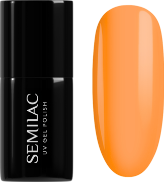 Butelka Semilac 977 Orange Glow lakier hybrydowy i próbka w intensywnym, mandarynkowym neonie obok.
