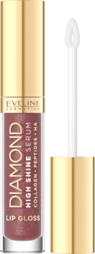 Eveline Diamond High Shine Serum Lip Gloss, błyszczący, brązowo-różowy, z otwartym aplikatorem. Złote elementy.