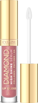 Eveline Diamond High Shine Lip Gloss Serum, różowy z błyskiem, z kolagenem i peptydami, otwarty.
