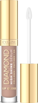 Eveline Diamond High Shine Serum, błyszczyk-serum z kolagenem i peptydami w beżowym odcieniu, z aplikatorem.