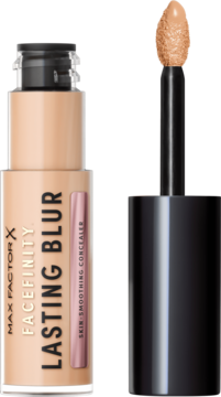 Max Factor Facefinity Lasting Blur, jasny korektor wygładzający w butelce, z widocznym aplikatorem łezką.