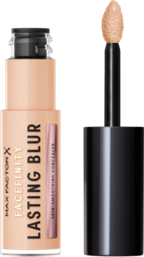 Max Factor Facefinity Lasting Blur beżowy korektor, otwarta butelka z aplikatorem typu doe-foot, widok z przodu.