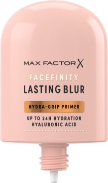 Max Factor Facefinity Lasting Blur, nawilżający primer z kwasem hialuronowym, brzoskwiniowa butelka z aplikatorem.