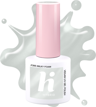 Biały lakier hybrydowy hi hybrid #385 Milky Foam z różową nakrętką, widok z przodu na etykietę.