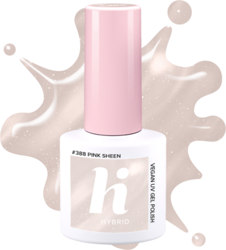 Hi HYBRID UV Gel Polish #388 Pink Sheen, półtransparentny, wegański róż z drobiną, w białej butelce z różową nakrętką.