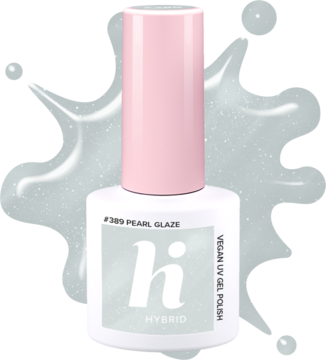 Biała butelka Hi Hybrid #389 Pearl Glaze, wegański lakier UV, półtransparentny z perłowym połyskiem.