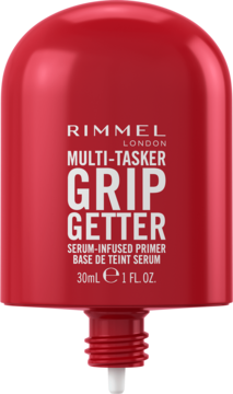 Czerwony Rimmel Multi-Tasker Grip Getter Serum-Infused Primer 30ml z kroplomierzem, baza utrwalająca.