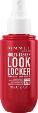Rimmel Look Locker fixing spray, czerwona butelka z białym atomizerem, widok frontalny, napis 32H.