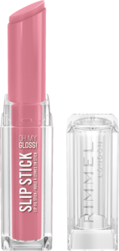 Różowy olejek do ust Rimmel Slip Stick, otwarty, widoczny napis, obok przezroczysta nakrętka.