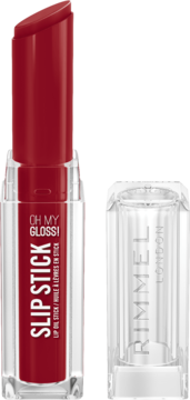 Rimmel Oh My Gloss! Slip Stick, czerwona pomadka/olejek do ust w otwartej tubce, obok przezroczystej nakładki.