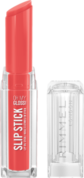 Rimmel Slip Stick lip oil w kolorze koralowym, z przezroczystą zatyczką obok, widok z przodu, błyszczące wykończenie.