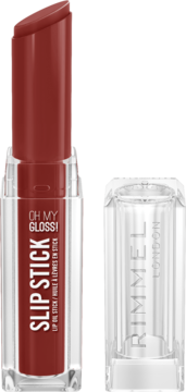 Rimmel Slip Stick 3-w-1 olejek do ust, głęboki czerwony, nawilżający, otwarty z widocznym wkładem.