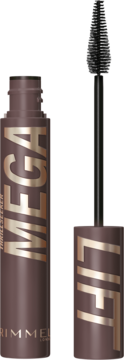 Rimmel Mega Lift tusz do rzęs BROWNIE PIE, brązowa tubka z otwartą szczoteczką, złote napisy.