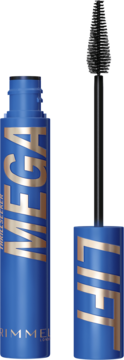 Rimmel Mega Lift tusz do rzęs w niebieskim opakowaniu, otwarta tubka i czarna, zwężana szczoteczka.