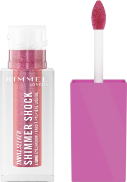 Otwarty Rimmel Thrill Seeker Shimmer Shock, różowy błyszczący cień do powiek w płynie z wysuniętym aplikatorem.