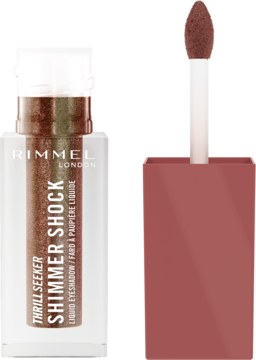 Rimmel Shimmer Shock Thrill Seeker, brązowo-złoty płynny cień do powiek z aplikatorem, butelka z przodu.