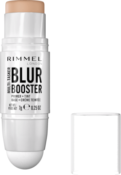 Rimmel London Multi-Tasker Blur Booster, jasnobeżowy sztyft 2w1 (baza+tint) z efektem blur, widok z przodu z otwartą skuwką.
