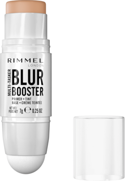 Biały sztyft Rimmel Multi-Tasker Blur Booster 2w1 (primer+tint) z beżową końcówką, obok otwarta zakrętka.