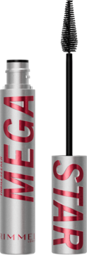 Srebrna mascara Rimmel MEGA STAR z dużymi, czerwonymi napisami, otwarta ze szczoteczką skierowaną do góry.